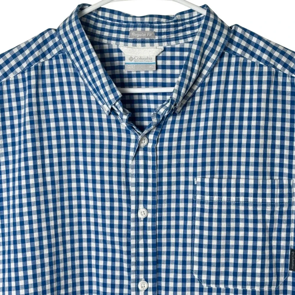 Columbia Mens XL Blue White Gingham Short Sleeve‎ Button Down Shirt Regular Fit